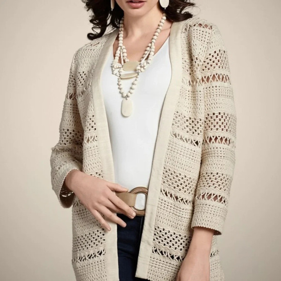 New Chicos Macrame Misty Open Cardigan Beige 1 Med - Picture 2 of 12
